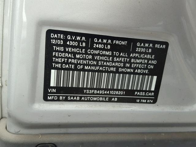 YS3FB49S441028201 - 2004 SAAB 9-3 LINEAR SILVER photo 10