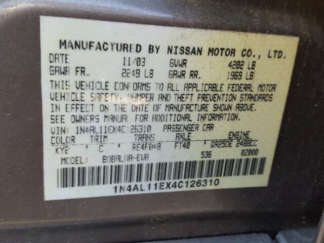 1N4AL11EX4C126310 - 2004 NISSAN ALTIMA BAS GRAY photo 10