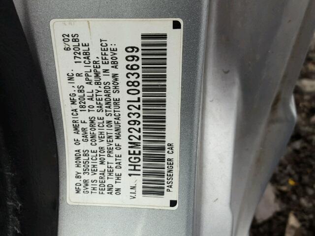 1HGEM22932L083699 - 2002 HONDA CIVIC EX SILVER photo 10