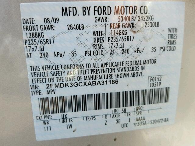 2FMDK3GCXABA31166 - 2010 FORD EDGE GRAY photo 10