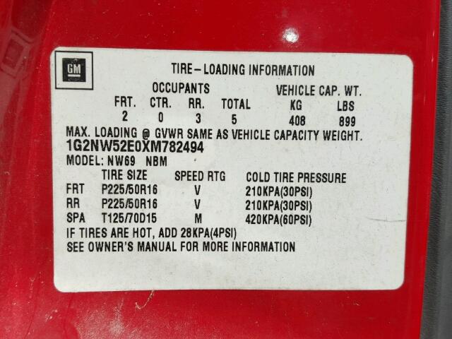 1G2NW52E0XM782494 - 1999 PONTIAC GRAND AM G RED photo 10