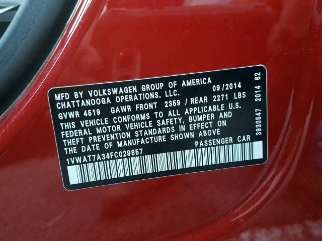 1VWAT7A34FC029857 - 2015 VOLKSWAGEN PASSAT S Rojo foto 10