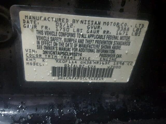 3N1CN7AP5CL915214 - 2012 NISSAN VERSA S BLACK photo 10