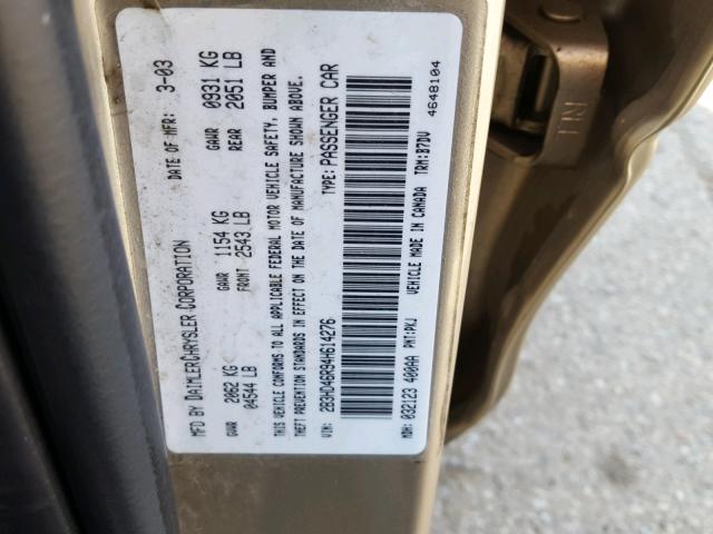 2B3HD46R94H614276 - 2004 DODGE INTREPID S GOLD photo 10