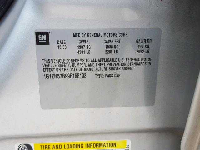 1G1ZH57B99F168193 - 2009 CHEVROLET MALIBU 1LT 银色 照片 10