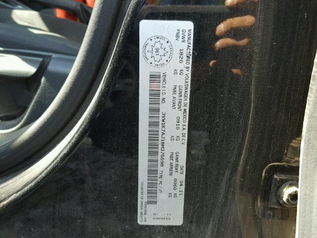 3VW1K7AJ1BM375598 - 2011 VOLKSWAGEN JETTA BASE 黑色 照片 10