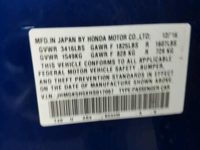 JHMGK5H5XHS017067 - 2017 HONDA FIT LX BLUE photo 10