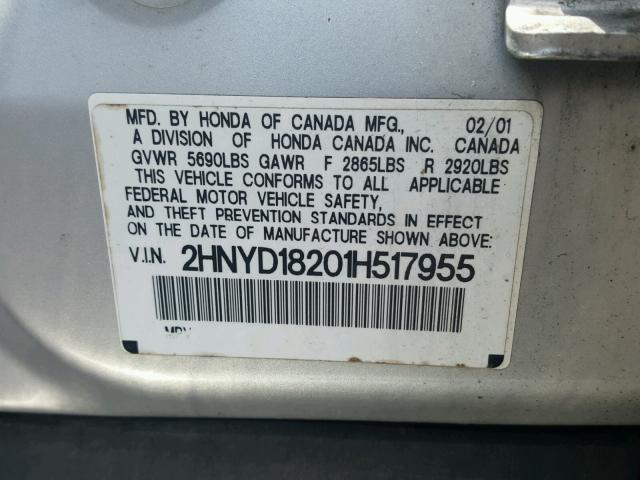 2HNYD18201H517955 - 2001 ACURA MDX SILVER photo 10