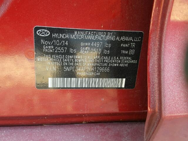 5NPE34AF2FH129666 - 2015 HYUNDAI SONATA SPO RED photo 10