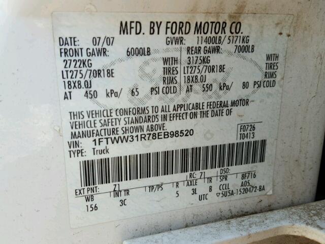 1FTWW31R78EB98520 - 2008 FORD F350 WHITE photo 10