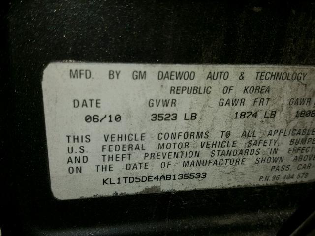 KL1TD5DE4AB135533 - 2010 CHEVROLET AVEO LS BLACK photo 10