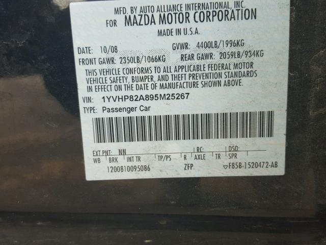 1YVHP82A895M25267 - 2009 MAZDA MAZDA6 BLACK photo 10