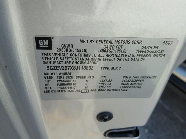 5GZEV237X8J118833 - 2008 SATURN OUTLOOK XR ვერცხლისფერი ფოტო 10