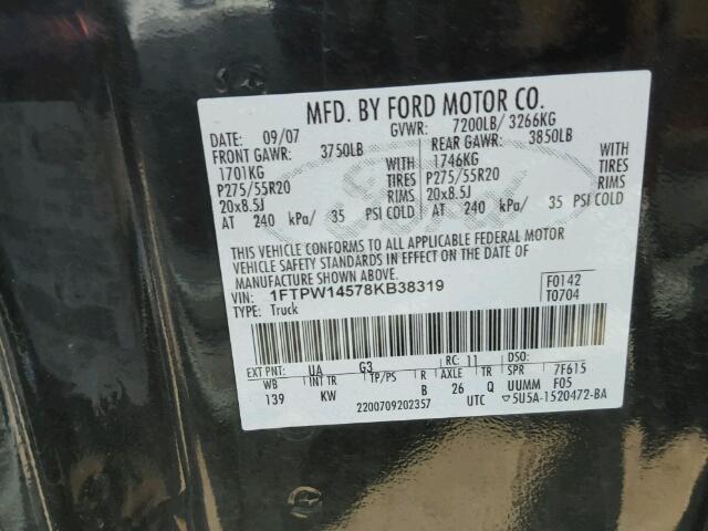 1FTPW14578KB38319 - 2008 FORD F150 SUPER BLACK photo 10