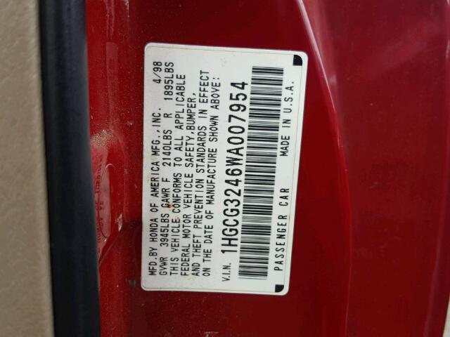 1HGCG3246WA007954 - 1998 HONDA ACCORD LX RED photo 10