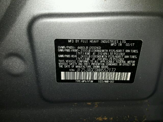 JF2SJAGC0HH552172 - 2017 SUBARU FORESTER 2 SILVER photo 10