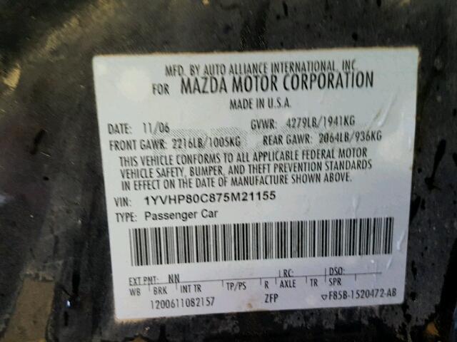 1YVHP80C875M21155 - 2007 MAZDA 6 BLACK photo 10