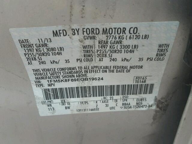 1FM5K8F89EGB19624 - 2014 FORD EXPLORER L SILVER photo 10