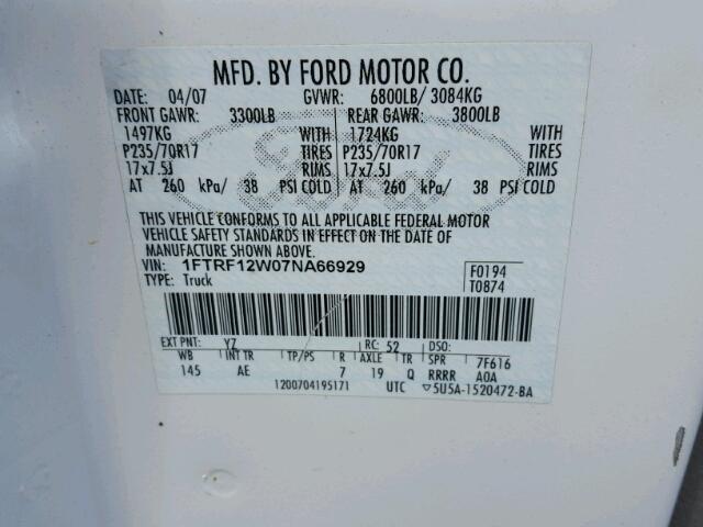 1FTRF12W07NA66929 - 2007 FORD F150 WHITE photo 10