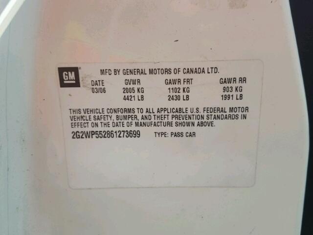 2G2WP552861273699 - 2006 PONTIAC GRAND PRIX WHITE photo 10