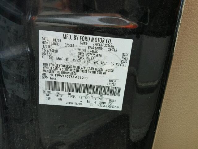 1FTPW14576FA81206 - 2006 FORD F150 BLACK photo 10