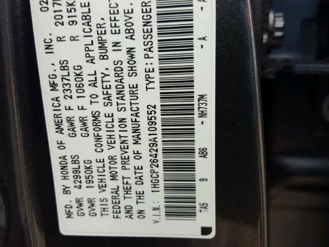 1HGCP26429A109552 - 2009 HONDA ACCORD LXP GRAY photo 10