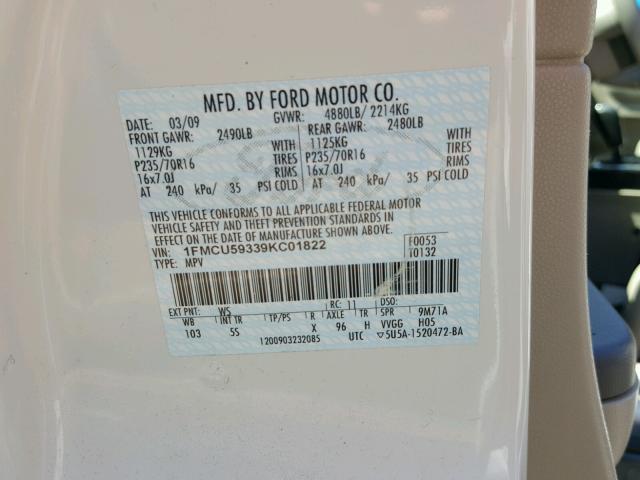 1FMCU59339KC01822 - 2009 FORD ESCAPE HYB WHITE photo 10