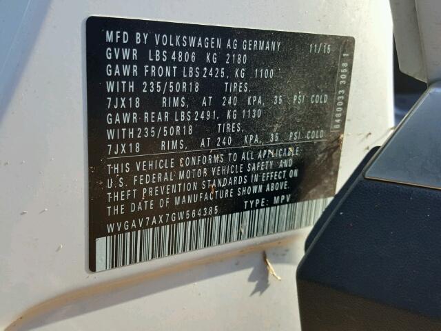 WVGAV7AX7GW564385 - 2016 VOLKSWAGEN TIGUAN S WHITE photo 10