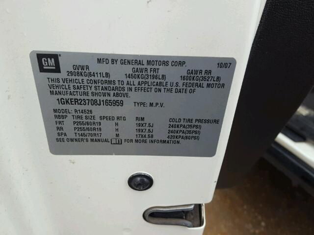 1GKER23708J165959 - 2008 GMC ACADIA SLT თეთრი ფოტო 10