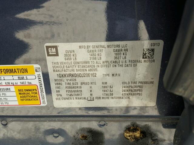1GKKVRKD9DJ206162 - 2013 GMC ACADIA SLT გრაფიტი ფოტო 10