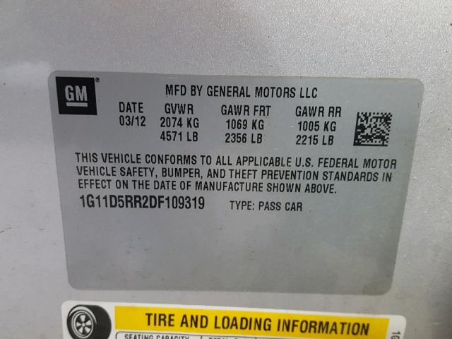 1G11D5RR2DF109319 - 2013 CHEVROLET MALIBU 1LT ვერცხლისფერი ფოტო 10