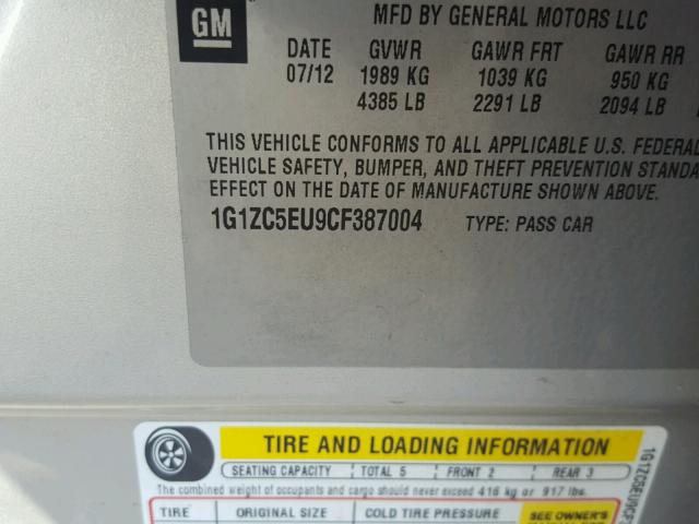 1G1ZC5EU9CF387004 - 2012 CHEVROLET MALIBU 1LT 银色 照片 10