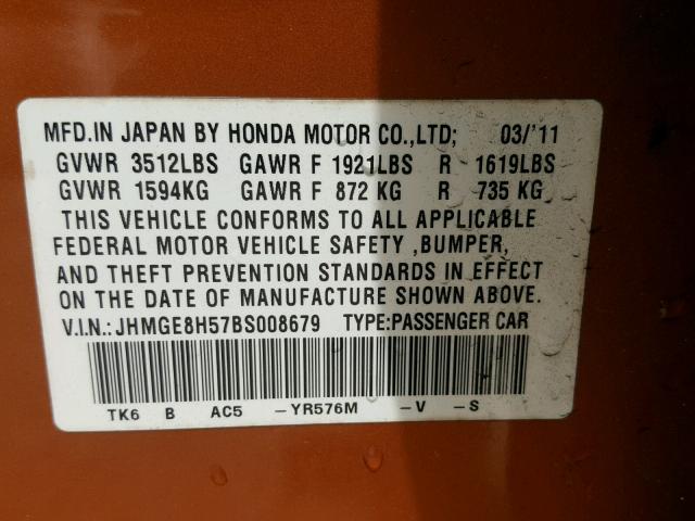 JHMGE8H57BS008679 - 2011 HONDA FIT SPORT ORANGE photo 10