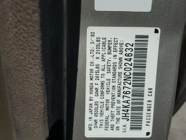 JH4KA7672NC024632 - 1992 ACURA LEGEND LS ვერცხლისფერი ფოტო 10