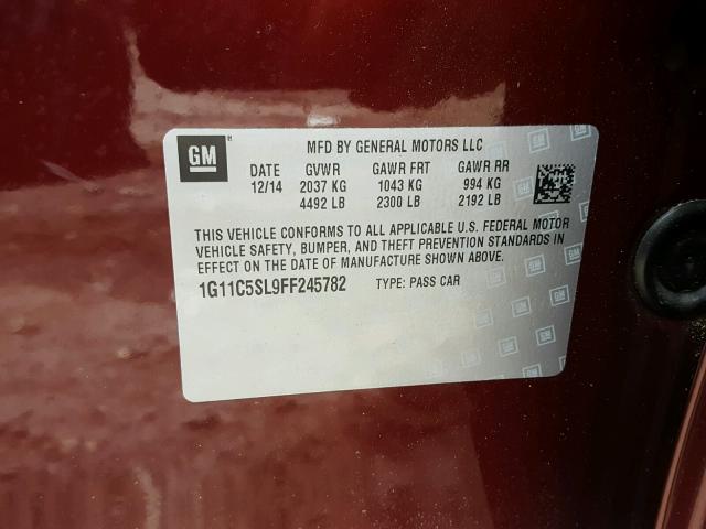 1G11C5SL9FF245782 - 2015 CHEVROLET MALIBU 1LT BURGUNDY photo 10