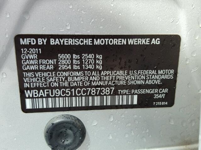 WBAFU9C51CC787387 - 2012 BMW 550 XI GRAY photo 10