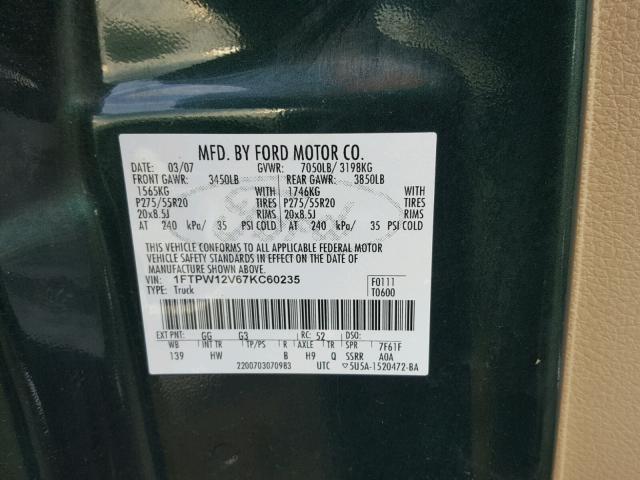 1FTPW12V67KC60235 - 2007 FORD F150 SUPER GREEN photo 10