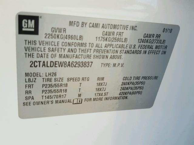 2CTALDEW8A6293837 - 2010 GMC TERRAIN SL WHITE photo 10