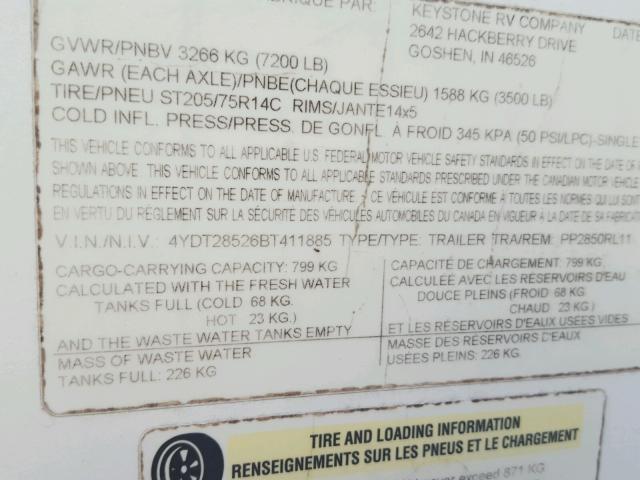 4YDT28526BT411885 - 2011 KEYSTONE PASSPORT WHITE photo 10