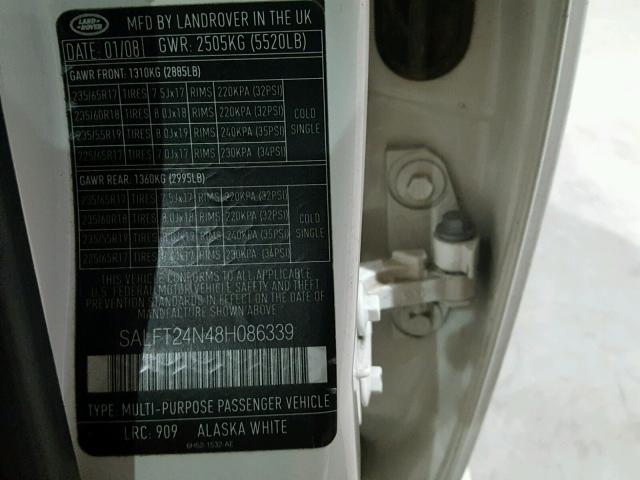 SALFT24N48H086339 - 2008 LAND ROVER LR2 HSE TE WHITE photo 10