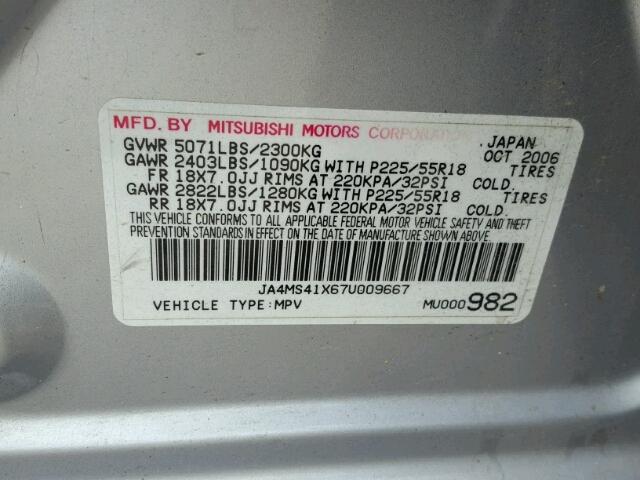 JA4MS41X67U009667 - 2007 MITSUBISHI OUTLANDER SILVER photo 10