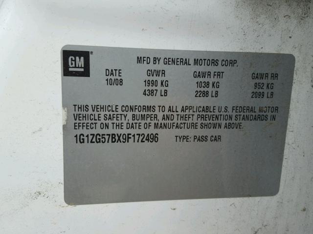 1G1ZG57BX9F172496 - 2009 CHEVROLET MALIBU LS თეთრი ფოტო 10