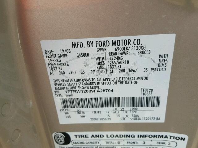 1FTRW12889FA28704 - 2009 FORD F150 GOLD photo 10