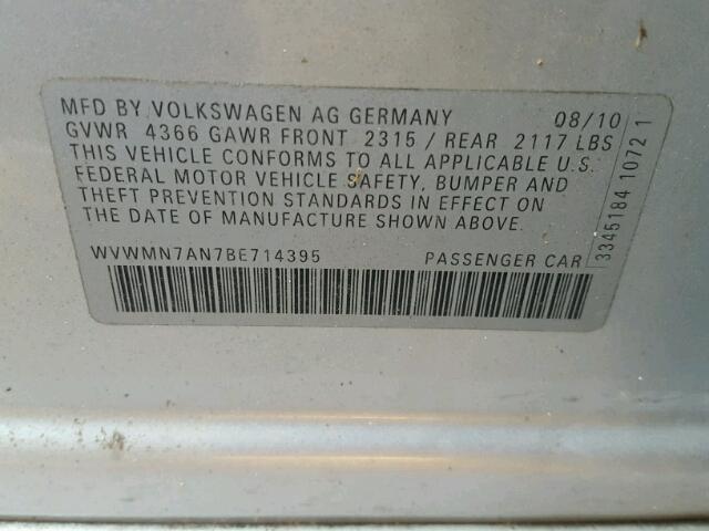 WVWMN7AN7BE714395 - 2011 VOLKSWAGEN CC GRAY photo 10