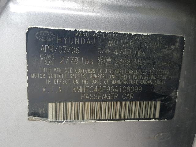 KMHFC46F96A108099 - 2006 HYUNDAI AZERA SE GRAY photo 10