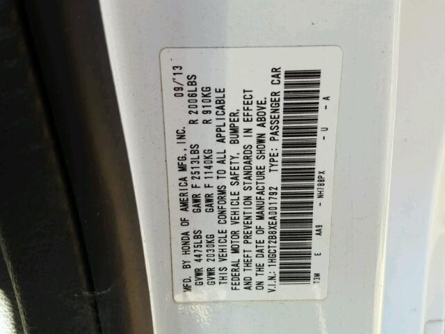 1HGCT2B8XEA001792 - 2014 HONDA ACCORD WHITE photo 10