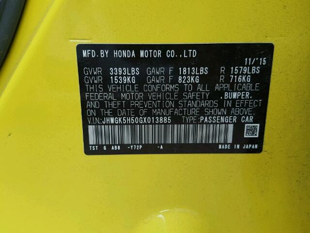 JHMGK5H50GX013885 - 2016 HONDA FIT LX YELLOW photo 10