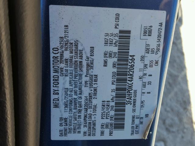 3FAHP0KC4AR206564 - 2010 FORD FUSION SPO BLUE photo 10