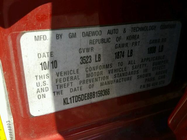 KL1TD5DE8BB159366 - 2011 CHEVROLET AVEO LS RED photo 10