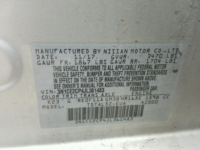 3N1CE2CP4JL361483 - 2018 NISSAN VERSA NOTE SILVER photo 10